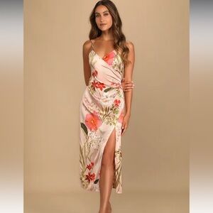 Remarkable Entrance Pink Floral Print Satin Midi Dress